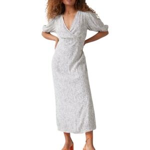 & Other Stories Womens Midi Faux Wrap Dress 8 White Polka Dots Puff Sleeves